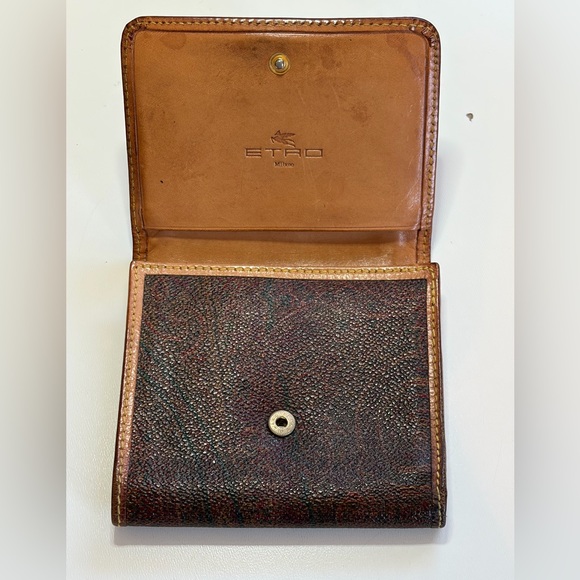 Etro Milano Vintage Trifold Bordeaux Paisley & Tan Leather Wallet w/ Coin Pouch - Picture 3 of 16